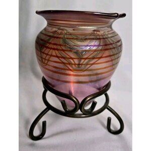 Paul White Art Glass Iridescent Pulled Feather Hand Blown Oval Vase w/stand Pink